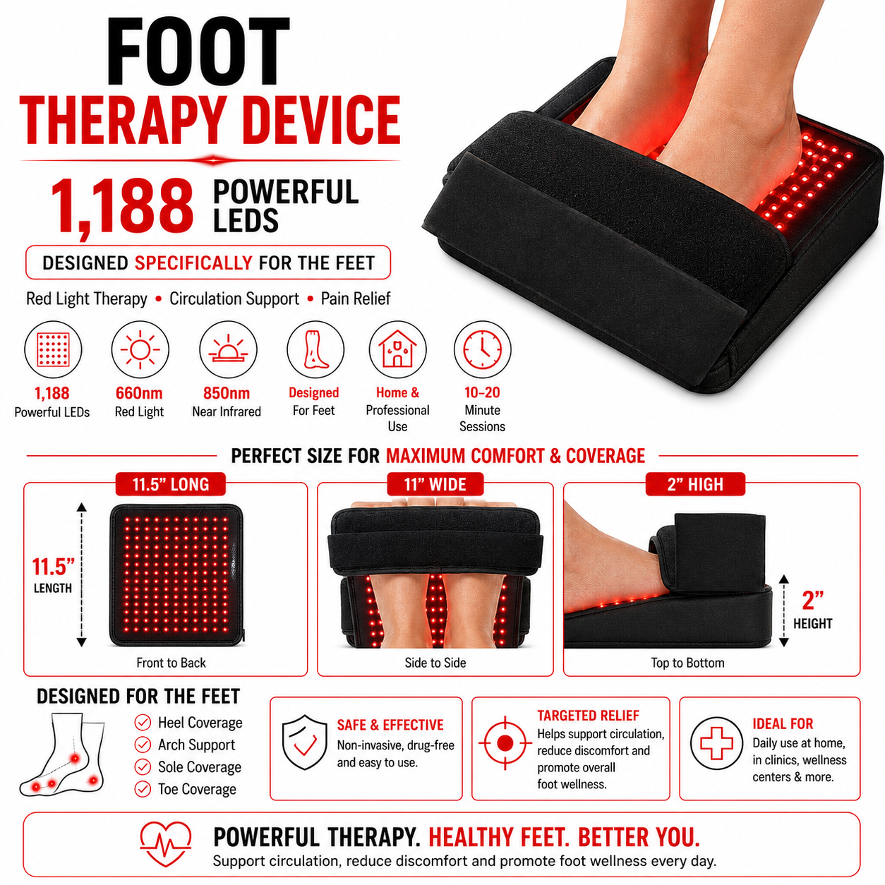 Red Light Therapy Foot Wellness Kit – 3 Pad Dual-Wavelength Light Therapy System