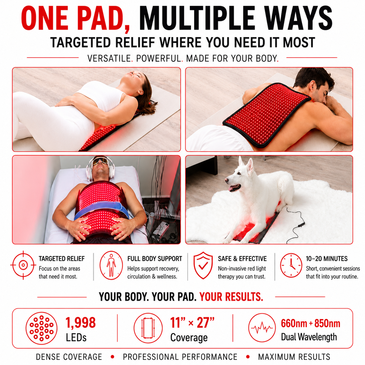 Large Red & Infrared Light Therapy Pad – 1,998 LED Dual-Wavelength Device