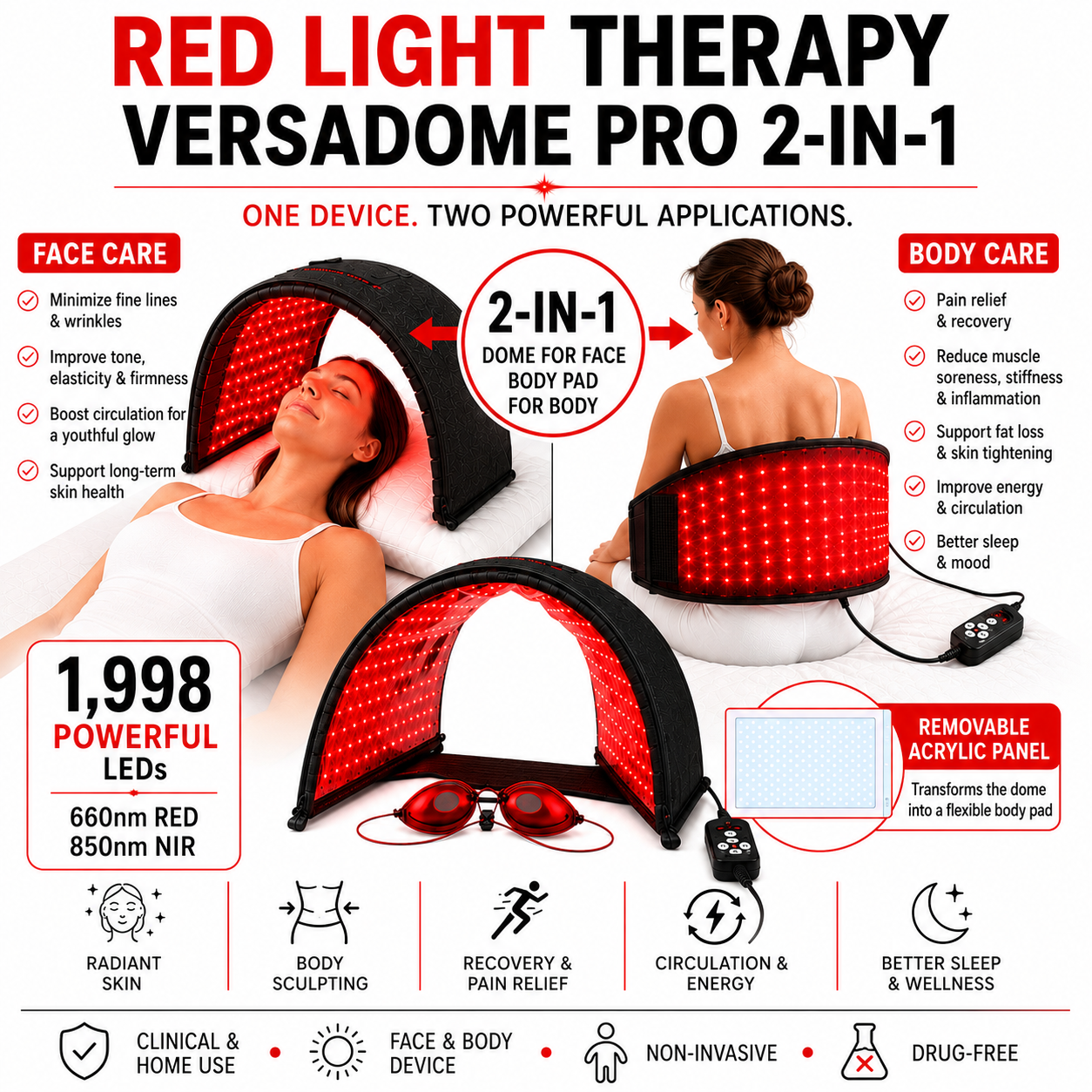 VersaDome Pro 2-in-1 Red & Infrared Light Therapy Dome – 1,998 LED System