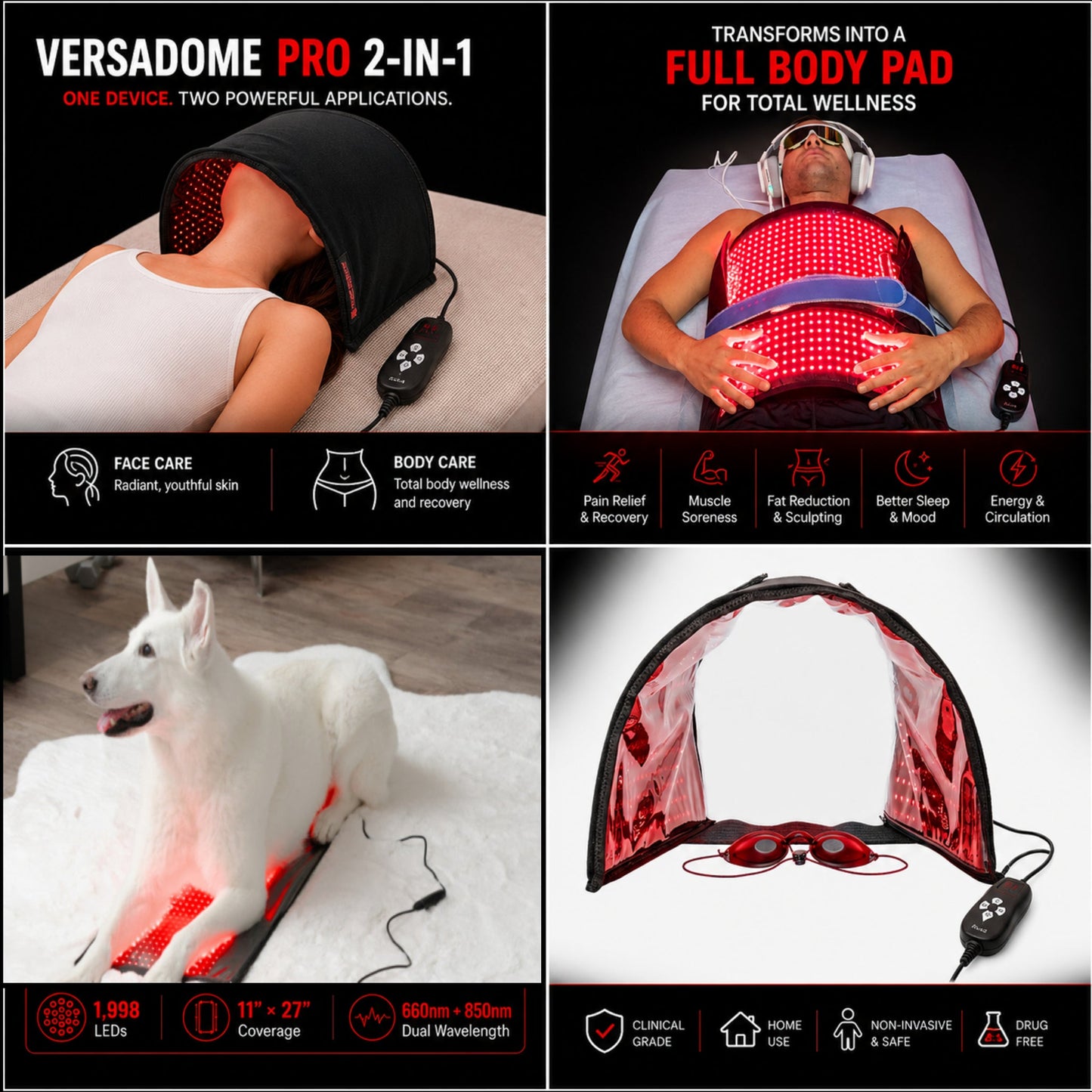 VersaDome Pro 2-in-1 Red & Infrared Light Therapy Dome – 1,998 LED System